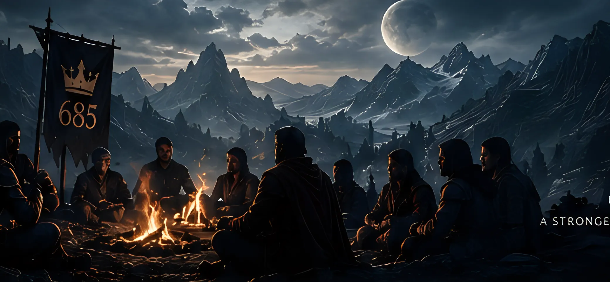 Kingdom members gathered around a fire beneath the 685 banner in the mountains