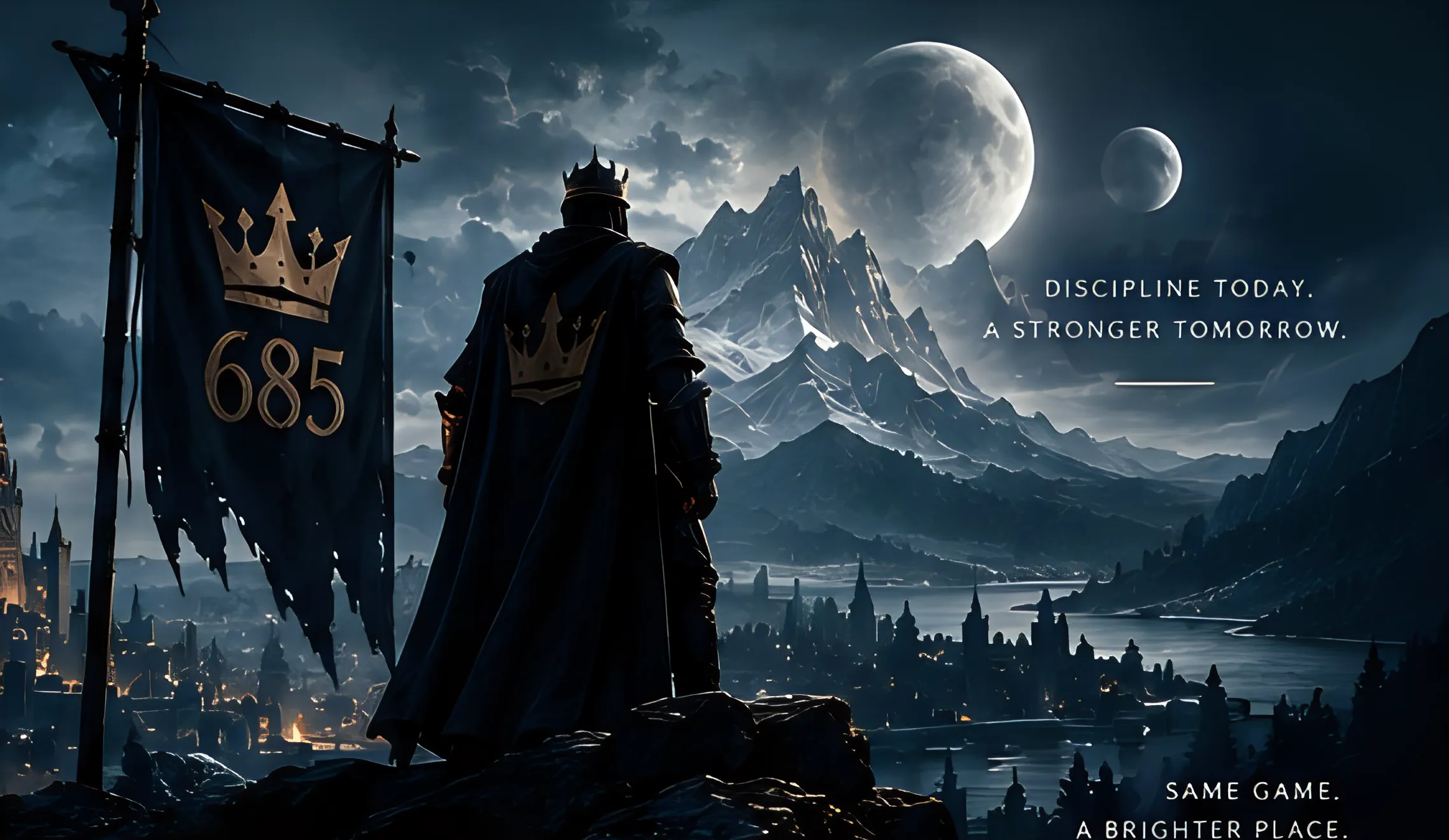 A crowned commander overlooking the kingdom from a mountain ridge, 685 banner raised beside him. Discipline today, a stronger tomorrow. Same game, a brighter place.