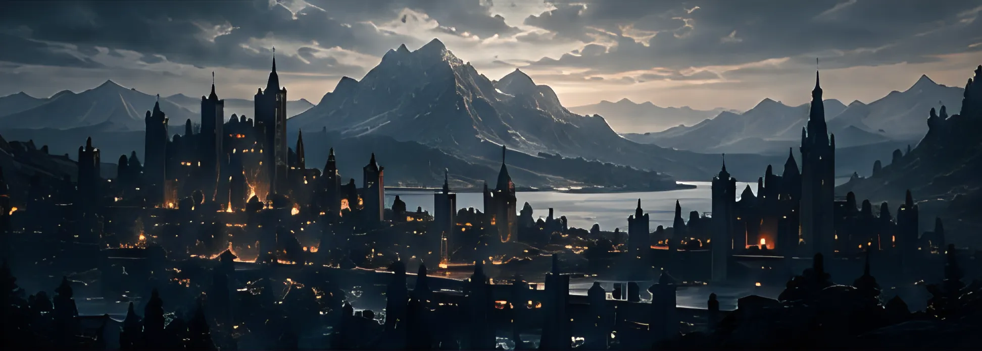 The kingdom's city and towers lit up at dusk beneath the mountains